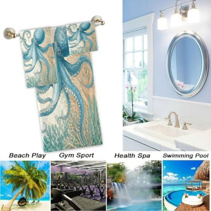 Naanle Nautical Octopus Marine Old Map Soft Luxury Decorative 3 Pieces Towels Set, 1 Bath Towel+1 Hand Towel+1 Washcloth, Multipurpose for Bathroom, Hotel, Gym, Spa and Kitchen