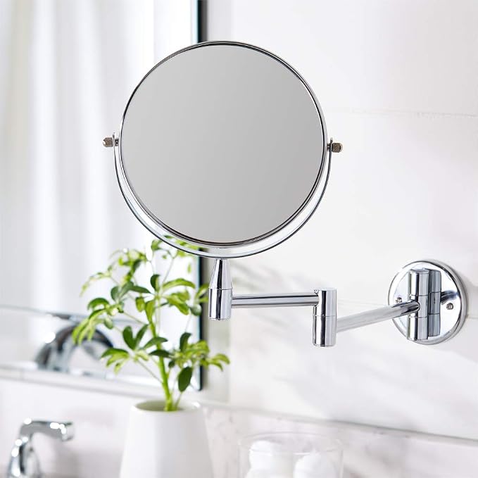 Amazon Basics Wall Mount Round Vanity Mirror with 360° Rotation, Double Sided, 1X/5X Magnification, Adjustable, 12.8"L x 10"W, Chrome