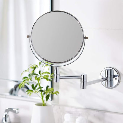 Amazon Basics Wall Mount Round Vanity Mirror with 360° Rotation, Double Sided, 1X/5X Magnification, Adjustable, 12.8"L x 10"W, Chrome