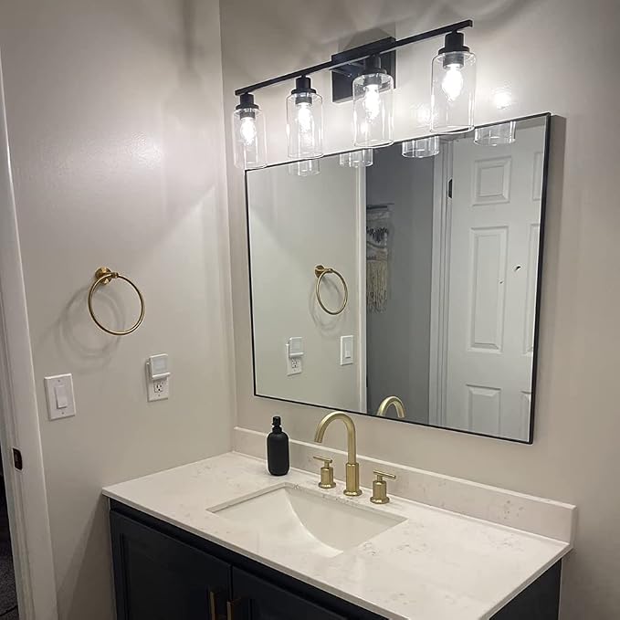 MELUCEE 4 Lights Sconces Wall Lighting Black with Clear Glass Shade | Industrial Bathroom Light Fixtures Vanity Lights Porch Light Fixtures Wall Mount (Patent No.: US D963914 S)
