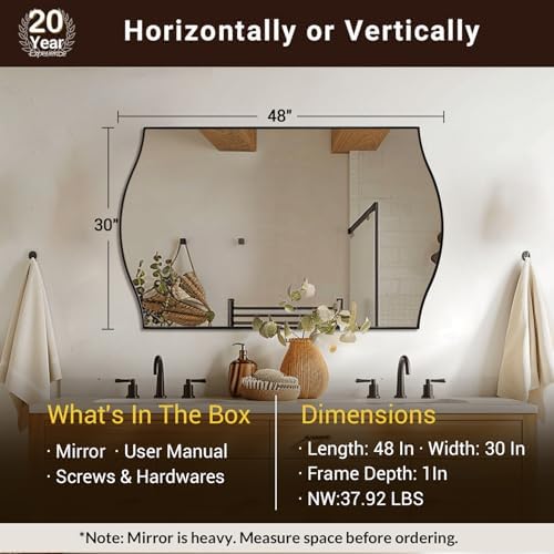 ANDY STAR 30"x48" Scalloped Mirror，Matte Black Rectangle Bathroom Mirror with Curved Edge Stainless Steel Metal Frame, Large Wall-Mounted Mirror for Bathroom, Entryway (Horizontal/Vertical)