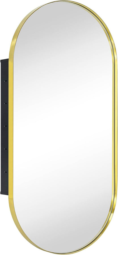 Brushed Gold Oval Recessed Bathroom Medicine Cabinet with Mirror Stainless Steel Metal Framed Oblong Pill Shaped Bathroom Cabinet with Mirror 16x33''