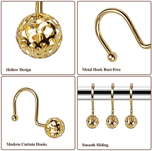 Gracelife 12Pcs Hollow Ball Shower Curtain Hooks Luxury Quality Rustproof Stainless Steel Shower Curtain Rings Hooks for Bathroom Rod (Gold)
