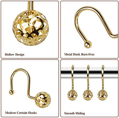 Gracelife 12Pcs Hollow Ball Shower Curtain Hooks Luxury Quality Rustproof Stainless Steel Shower Curtain Rings Hooks for Bathroom Rod (Gold)