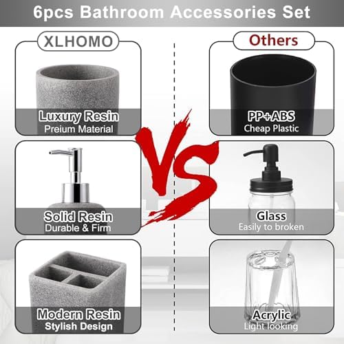 XLHOMO Resin 6 Pcs Gray Bathroom Accessories Set - Countertop Organizer
