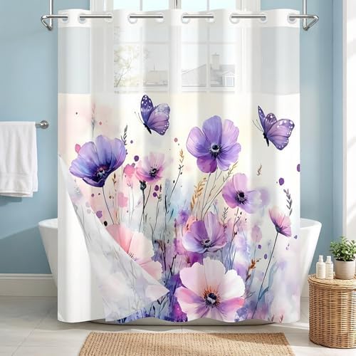 No Hook Shower Curtain with Snap in Liner, 71 x 74 Inch