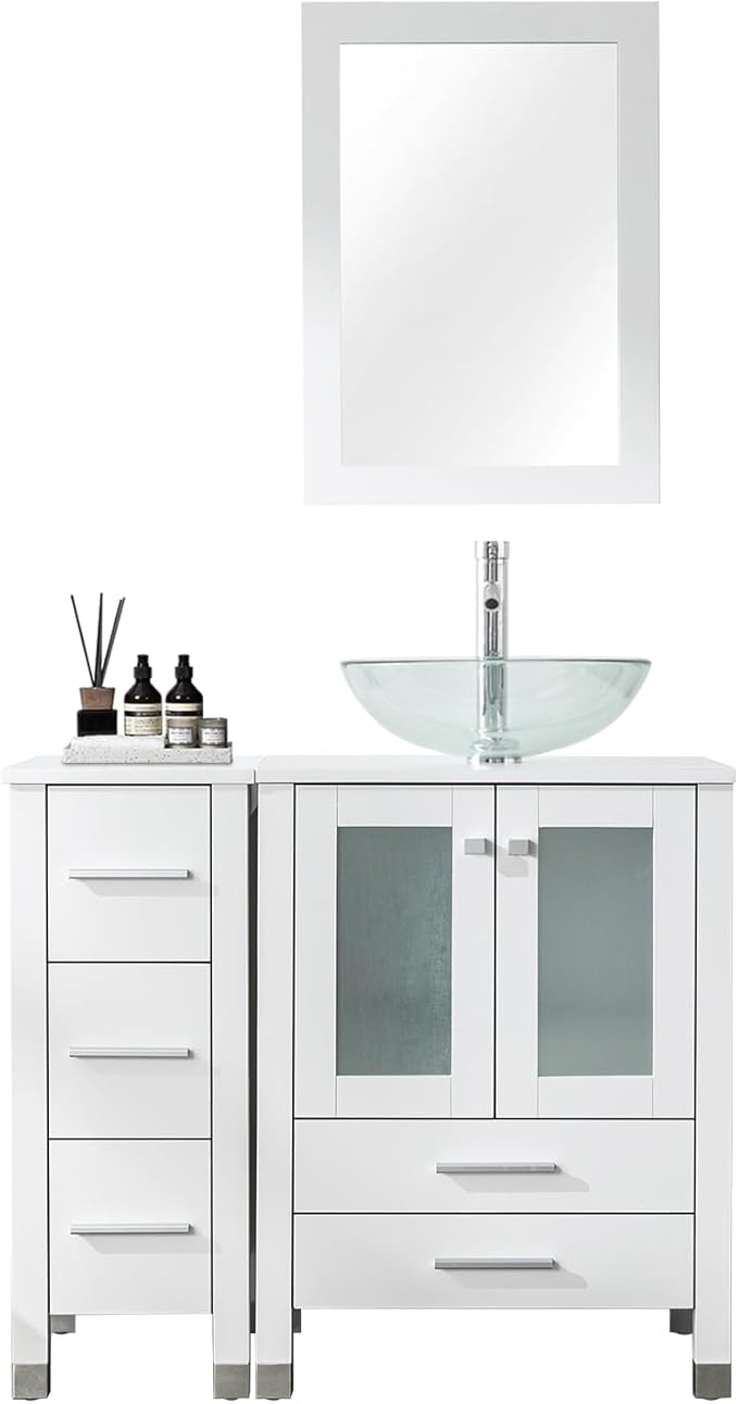 LUCKWIND 36" Bathroom Vanity with Sink Combo, 24-inch Main Cabinet with 12.6-inch Side Cabinet, Painted Bathroom Storage Cabinet with 5 Drawers, Including Transparent Round Sink Without Mirror, White