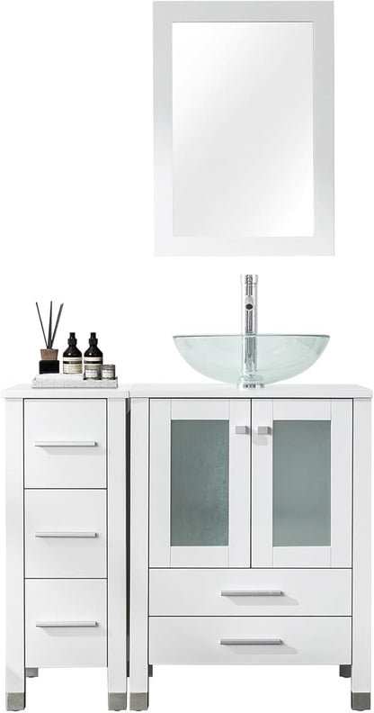 LUCKWIND 36" Bathroom Vanity with Sink Combo, 24-inch Main Cabinet with 12.6-inch Side Cabinet, Painted Bathroom Storage Cabinet with 5 Drawers, Including Transparent Round Sink Without Mirror, White