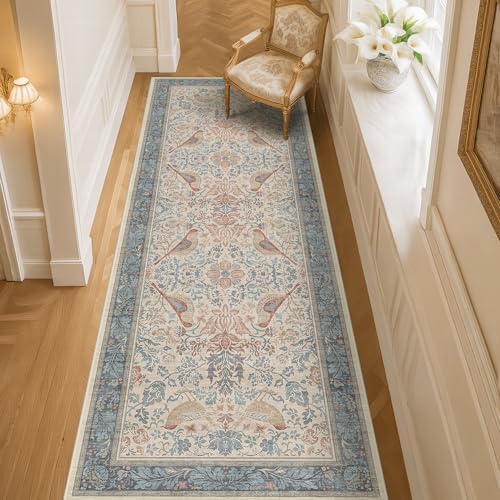 Hazo Haus Natural Red Blue 2'6"x8' Hallway Runner Rug, Boho Kitchen Floor Mat for Indoor Entrance and Bathroom, Washable Vintage Floral & Bird Pattern Decor, Non Slip Rubber Backing