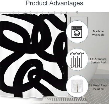 Abstract Black White Shower Curtain 60Wx72L Inch Modern Minimalist Geometric Contemporary Geometric Line Neutral Simple Bathroom Set Accessories Decor with 12 Pack Hooks
