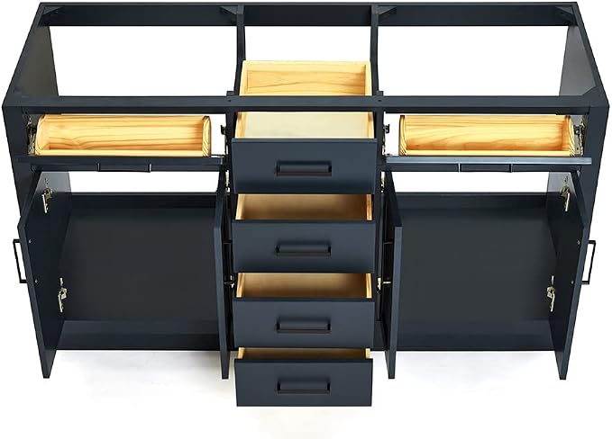 ARIEL Hepburn 60-inch Bathroom Vanity with Sink,Solid Wood, 1.5-inch Carbon Black Quartz Countertop, Double Rectangular Porcelain Sink, Soft Closing Doors, Dovetail Drawers, Midnight Blue