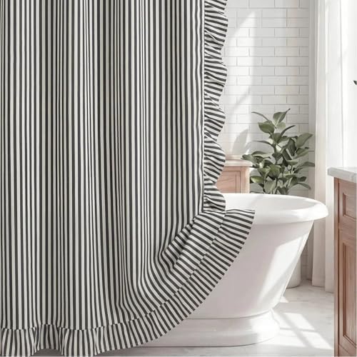 HunnmingRe Black and White Striped Shower Curtain with Ruffled 72 x 72 Inch Farmhouse Faux Linen Vintage Rustic Boho Stripe Shower Curtain with 12 Hooks for Bathroom Bathtubs Natural Decor