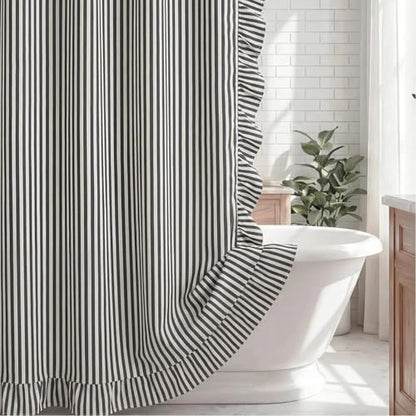 HunnmingRe Black and White Striped Shower Curtain with Ruffled 72 x 72 Inch Farmhouse Faux Linen Vintage Rustic Boho Stripe Shower Curtain with 12 Hooks for Bathroom Bathtubs Natural Decor