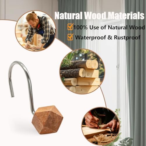Decorative Shower Curtain Hooks, Wood Shower Curtain Rings, Modern Polygon Wood Shower Curtain Hangers, 12PCS Shower Hooks for Shower Curtain Rod, Bathroom, Bedroom, Living Room (Silvery)