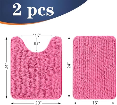 OLANLY Chenille Bathroom Rugs Mats Sets 2 Piece, 24"x16"+24"x20", Hot Pink