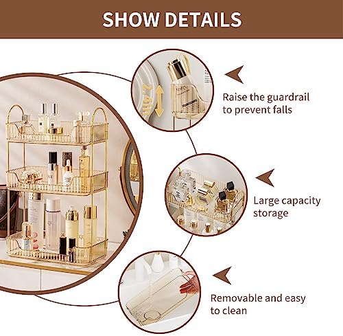 Akinbas 3 Tier Bathroom Organizer Countertop Makeup Perfume Tray Skincare Organizer for Bathroom Dresser Vanity (Gold)