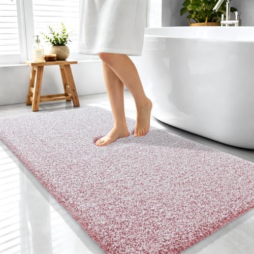 OLANLY Microfiber Bathroom Rugs 44x24, Quick Dry Mat, Deep Rose and White