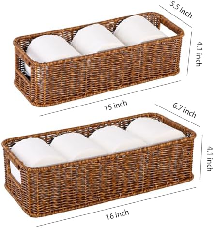2pcs Toilet Paper Basket, Rectangular Wicker Bathroom Storage Basket, Waterproof Handwoven Toilet Paper Rolls Organizer Baskets for Apartment, Bedroom, Bathroom, Kitchen Shelf (Coffee Brown)