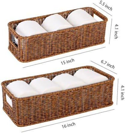 2pcs Toilet Paper Basket, Rectangular Wicker Bathroom Storage Basket, Waterproof Handwoven Toilet Paper Rolls Organizer Baskets for Apartment, Bedroom, Bathroom, Kitchen Shelf (Coffee Brown)