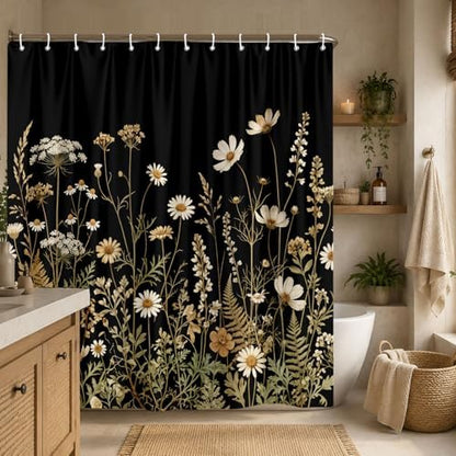Black Daisy Floral Shower Curtain, Boho Retro Elegant Botanical Design Shower Curtain Set, Vintage Wildflower Shower Curtain for Bathroom, Modern Aesthetic Decor with 12PCS Hooks, 72X72In