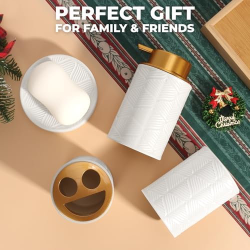 Kukikan Ceramic Bathroom Accessories Set, 4 Pcs-Includes Lotion Soap Dispenser, Toothbrush Holder, Vanity Tray, and Tumbler, Modern Bathroom Decor Organizer with Soap Dish, Apothecary Jar, White Color
