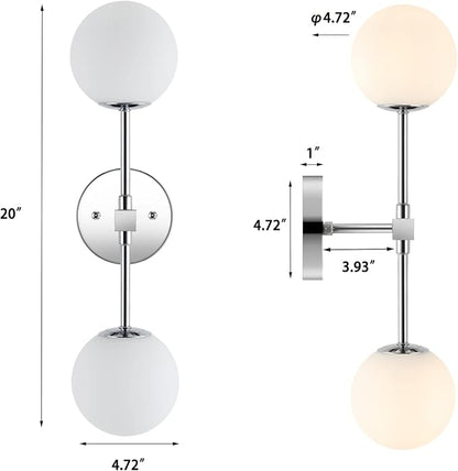 Modern Wall Sconce 2-Lights Industrial Mid Century Bathroom Vanity Wall Light with White Globe Glass Lampshade Brushed Chrome Finished Lighting Fixture (Chrome Color)
