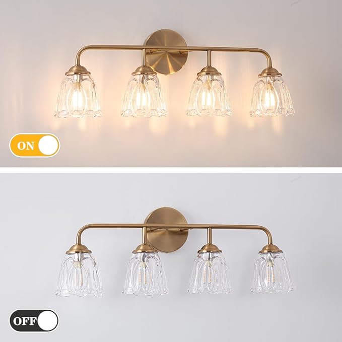 Vintage Bathroom Vanity Light, Brown Bronze Vanity Lighting, 4-Light Bathroom Lighting Fixtures Over Mirror, Elegant Flower Glass Light with Clear Shade, Gold Wall Sconce Lighting for Bedroom