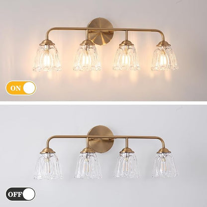 Vintage Bathroom Vanity Light, Brown Bronze Vanity Lighting, 4-Light Bathroom Lighting Fixtures Over Mirror, Elegant Flower Glass Light with Clear Shade, Gold Wall Sconce Lighting for Bedroom