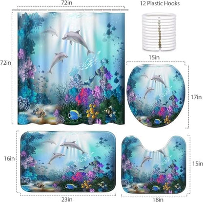 Yddsky 4Pcs Sea Dolphin Bathroom Shower Curtain Sets for Bathtub,72x72 Inch