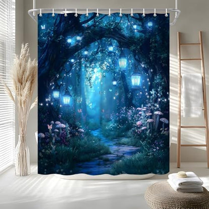 Fantasy Forest Path Shower Curtain Blue Fairy Magical Enchanted Misty Jungle Mushroom Floral Tree Butterfly Lantern Wonderland Bath Curtain Fabric Bathroom Accessories Decor with Hooks 70W x70L