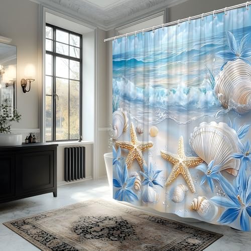 Beach Starfish Shower Curtain Sea Waves Seacoast Scenery with Sand with Various Seashells Scallop Conch Tropics Seaside Summer Coastal Ocean Theme Decorative Curtain Polyester Fabric