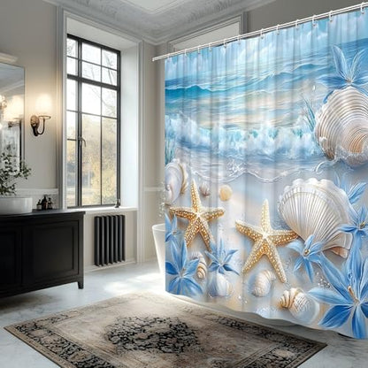 Beach Starfish Shower Curtain Sea Waves Seacoast Scenery with Sand with Various Seashells Scallop Conch Tropics Seaside Summer Coastal Ocean Theme Decorative Curtain Polyester Fabric