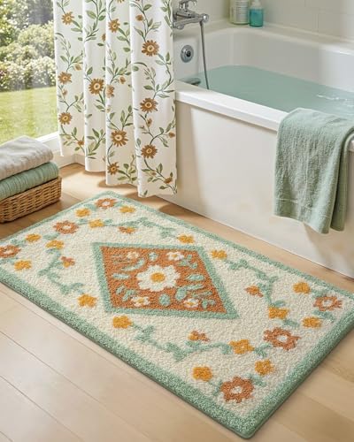 DEXI Boho Floral Bathroom Rug 43x24, Diamond Green Leaf Bath Mats Non Slip