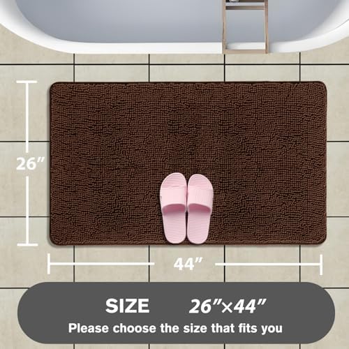 Brown Bathroom Rugs – Absorbent and Washable Bath Mat, Non-Slip, Thick Soft Chenille Bath Rugs for Bathroom Floor, Shower, Sink - 26" x 44"