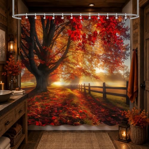 Red Maple Forest Shower Curtain, 72 x 78 Inch Waterproof Polyester Fall Landscape Bathroom Curtain, Autumn Tree Sunrise Woodland Bath Curtain for Tub Decor