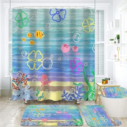 Yddsky 4PCS Kids Ocean Cartoon Shower Curtain Sets for Bathroom,72x72 Inch