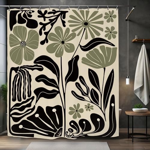 Abstract Black Sage Green Matisse Flower Shower Curtain 60Wx72L Inch Retro Vintage Aesthetic Minimalist Groovy Art 70s Trendy Modern Bathroom Set Accessories Decor with 12 Pack Hooks