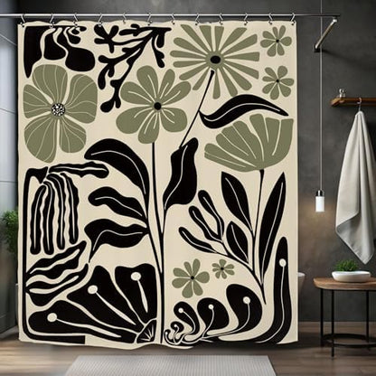 Abstract Black Sage Green Matisse Flower Shower Curtain 60Wx72L Inch Retro Vintage Aesthetic Minimalist Groovy Art 70s Trendy Modern Bathroom Set Accessories Decor with 12 Pack Hooks