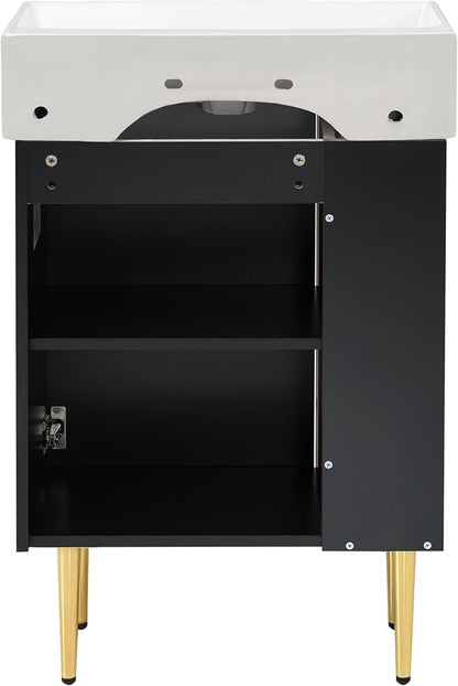 Merax 21.6 Inch Modern Bathroom Vanity with Sink, Undermount Ceramic Sink Vanity Set with Storage, Freestanding Bathroom Cabinet for Small Space, Black