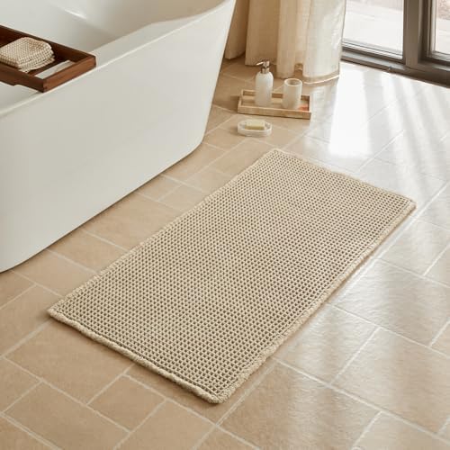 Triohero Waffle Bath Mat, Boho Bathroom Rugs Non Slip, 24x48 Pale Beige