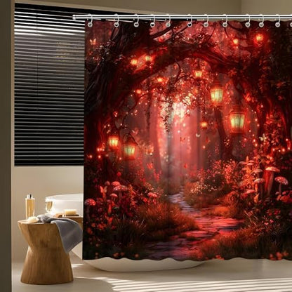 Fantasy Forest Path Shower Curtain Red Fairy Magical Enchanted Misty Jungle Mushroom Floral Tree Butterfly Lantern Wonderland Bath Curtain Fabric Bathroom Accessories Decor with Hooks 70W x90L