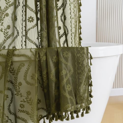 WAZZIO Olive Green Lace Shower Curtain for Bathroom 72" W x 72" L, Victorian Farmhouse Floral Pattern Tassel Fancy Shower Curtain Boho Washable Cloth Decorative Bath Curtains,1 Panel