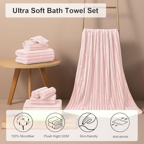 8 Pcs Pink Cabana Stripe Large Bath Towels Set Oversized Bath Sheet-2 Bathroom Towels,2 Hand Towels,4 Washcloths Soft Jumbo Absorbent Shower Towel Quick Dry Beach Chair Towel Spa Gym Hotel