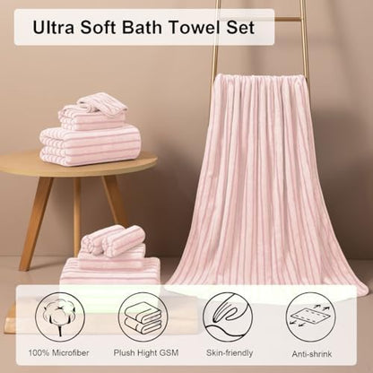 8 Pcs Pink Cabana Stripe Large Bath Towels Set Oversized Bath Sheet-2 Bathroom Towels,2 Hand Towels,4 Washcloths Soft Jumbo Absorbent Shower Towel Quick Dry Beach Chair Towel Spa Gym Hotel