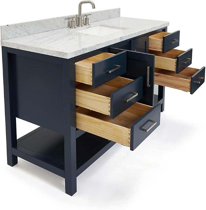 Olivia 60-Inch Midnight Blue Bathroom Vanity with Rectangular Sink, 1.5" Italian Carrara Marble Countertop & Backsplash, 2 Soft-Closing Doors, 6 Dovetail Drawers, Brushed Nickel