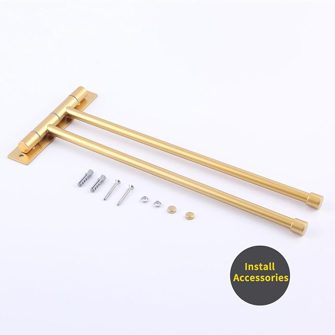 GERZWY Bathroom Swing Arm Towel Bars 2-Arm Wall Mount Stainless Steel Bath Towel Rack Hanger Towel Holder Organizer Gold Finished HYG02-BE