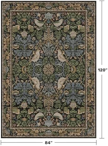 7x10 Green Washable Kitchen Table Rug for Under Table - Dark Floral Rugs for Bedroom, Dining Room, Vintage Brown Bird Patterned Living Room Carpet, Non-Slip Stain & Fade Resistant