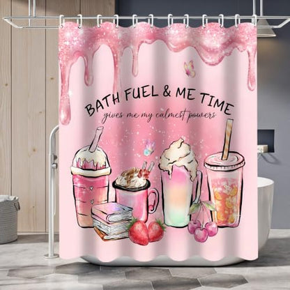 LQCOOL Pink Shower Curtain Set with Rugs,Waterproof Bathroom Sets Pink Shower Curtain with 12 Hooks for Bathroom Decor,Toilet Lid Cover & U-Shaped Mat