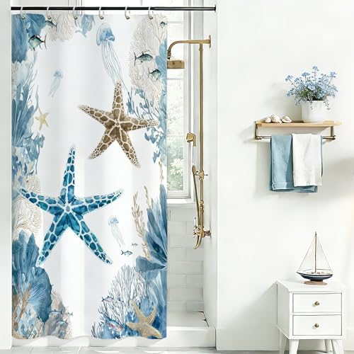 Blue Beach RV Shower Curtain for Bathroom, Ocean Coastal Theme, 32x72 In