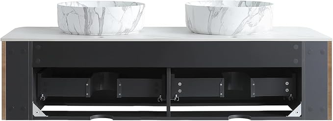 60" Floating Bathroom Vanity with Carrara Finish Sink, Honey Oak | Pre-Assembled Fluted Wall Mounted Double Sink Vanity with Sintered Stone Countertop, Soft-Close Drawers & Towel Rack